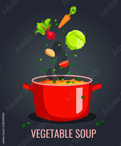Pan of vegetable soup with beet, cabbage, carrot, tomato, potato and peas on the dark background. Vector illustration for poster, banner, menu, brochure, card, flyer.