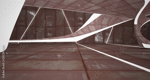 Abstract smooth room interior of sheets rusted metal . Architectural background. 3D illustration and rendering