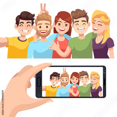 Group selfie on smartphone. Young happy people take selfie portrait, friendly smiling characters make photos on phone vector design