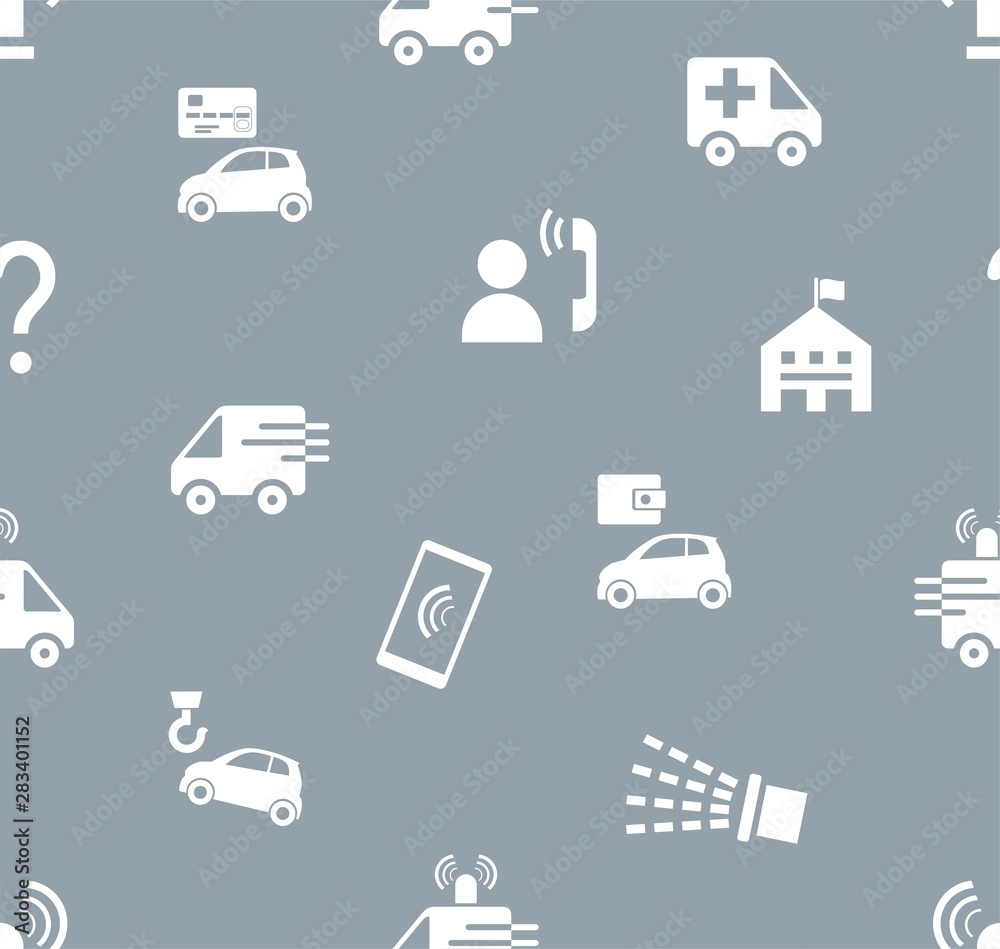 Emergency services, seamless pattern, flat, gray, vector. Emergency medical and fire assistance, reference services. White pictures on a gray field. Emergency services, seamless pattern, flat, gray, vector. Emergency medical and fire assistance, reference services. White pictures on a gray field.