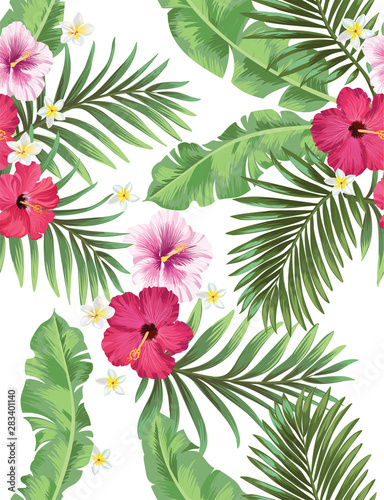 Tropical vector seamless background. Jungle pattern with flowers, monstera and palm leaves.  Seamless botanical print for textile, print, fabric. Classic background.