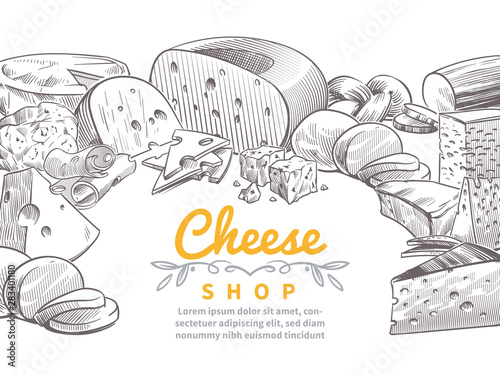 Sketch cheese background. Tasty cheeses brie, feta and parmesan slices gourmet snacks. Doodle sketch vintage vector concept