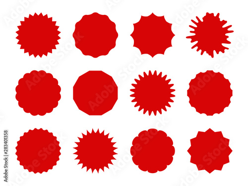 Starburst stickers. Star shaped sale banners, speech bubble stickers. Red explosion signs, promo price coupon tag vector isolated set