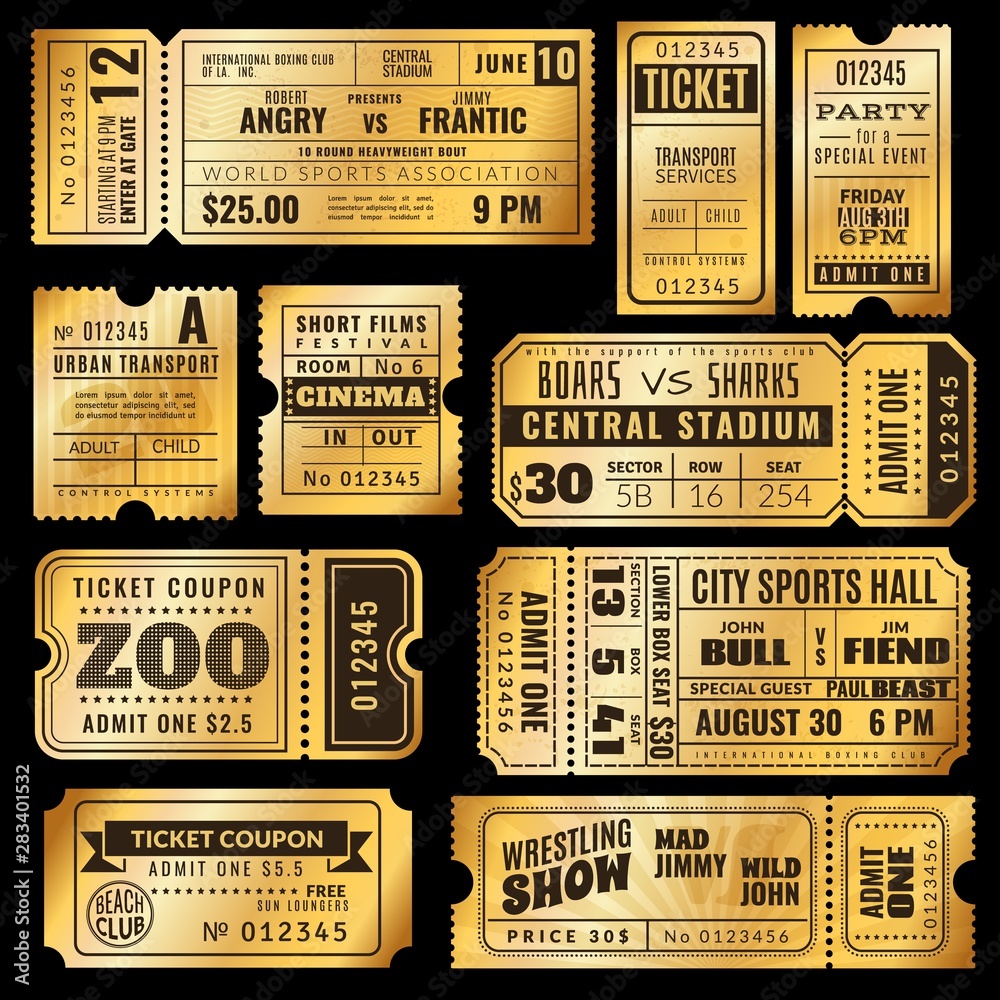 Naklejka premium Golden tickets. Old gold admission vip ticket of circus, wedding party and cinema, theater concert. Raffle premium coupons vector set