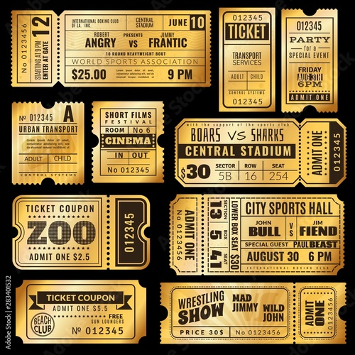 Golden tickets. Old gold admission vip ticket of circus, wedding party and cinema, theater concert. Raffle premium coupons vector set