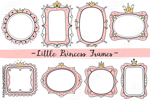 Little princess frames. Pink cute mirrors frame, baby girl birthday party invitation card with hand drawn crown vector template