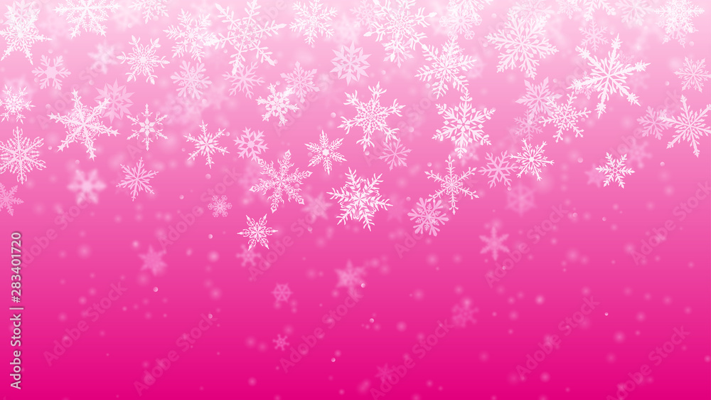 Christmas background of complex blurred and clear falling snowflakes in pink colors with bokeh effect