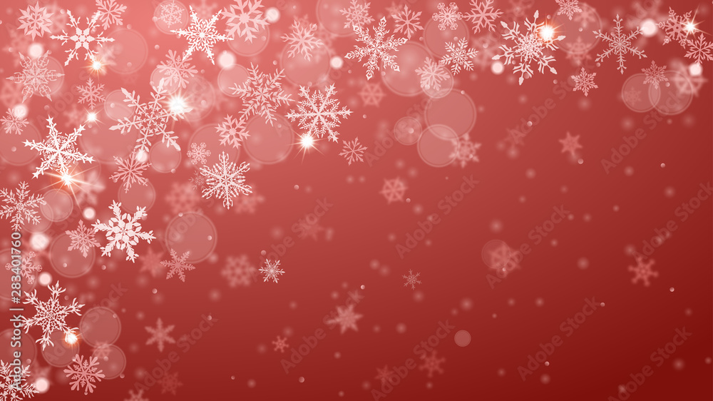 Christmas background of complex blurred and clear falling snowflakes in peach colors with bokeh effect Christmas background of complex blurred and clear falling snowflakes in peach colors with bokeh effect