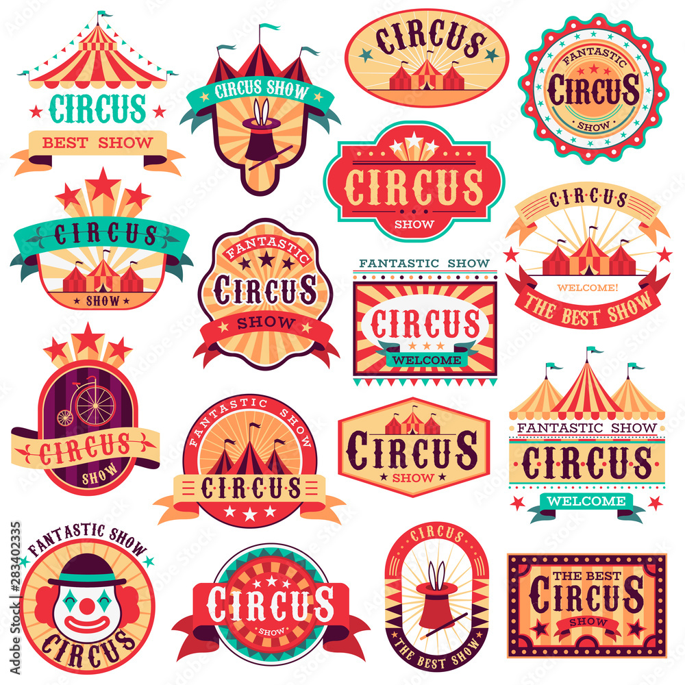 Circus emblems. Carnival festival, fun circus show retro paper signboard invitational banners event frames arrow stickers. Vector set