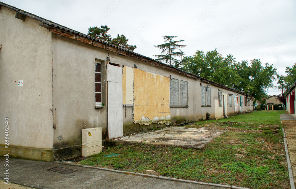 Disused and abandoned historic military buildings at CAFI Sainte-Livrade, France, serving in the past to house French repatriates from Indochina since 1956.