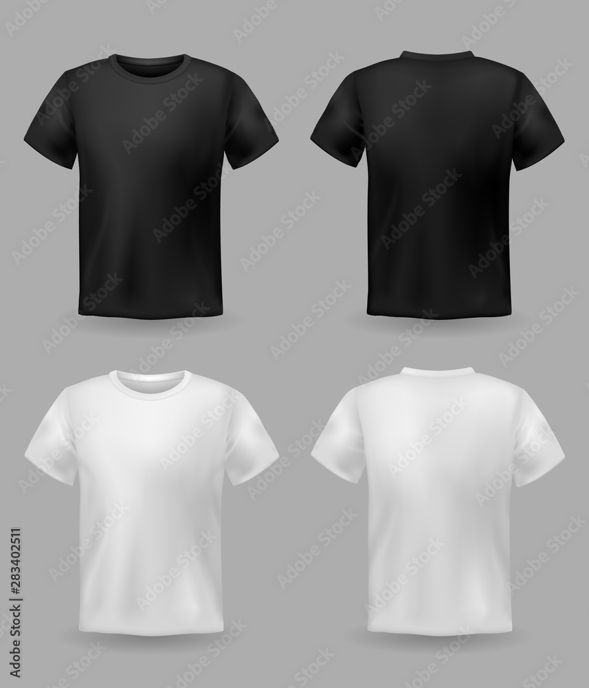 White and black t-shirt mockup. Sport blank shirt template front and back  view, men and women clothes for fashion print vector set Stock Vector |  Adobe Stock