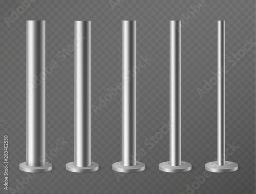 Metal pillars. Steel poles for urban advertising banners  streetlight and billboard. Steel columns in round section 3d vector set