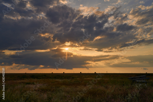 sunset in the steppe, rural landscape