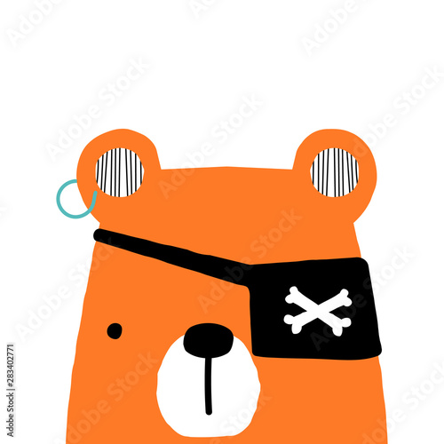 Funny bear pirate with eye patch. Kids trendy print. Vector hand drawn illustration.