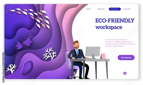 Eco landing. Modern violet gradients work room or office with ecologic workspace and trees for web page vector template