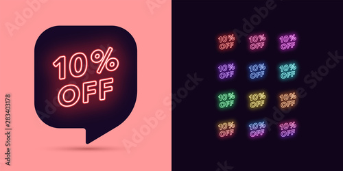 Neon Discount Tag, 10 Percentage Off. Offer Sale