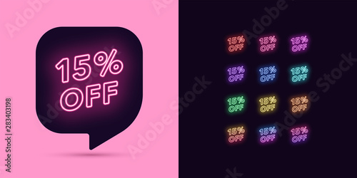 Neon Discount Tag, 15 Percentage Off. Offer Sale
