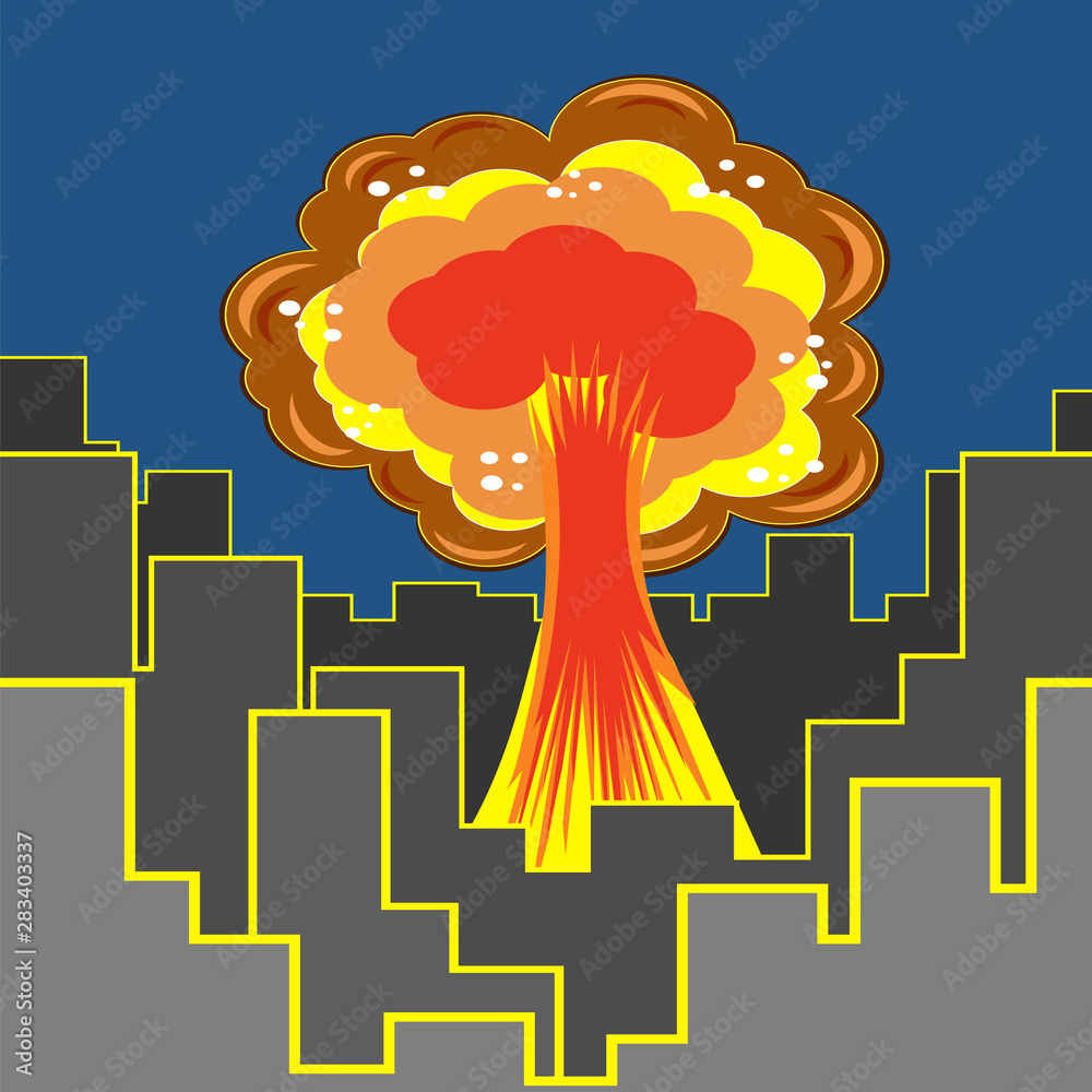 Nuclear Burst in City. Cartoon Bomb Explosion in Downtown. Radioactive  Atomic Power. Symbol of War. Big Mushroom Cloud on Blue Sky. Stock Vector |  Adobe Stock