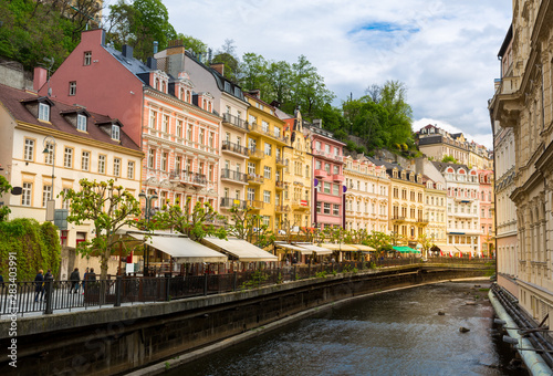 City river and outdoor cafes, Karlovy Vary