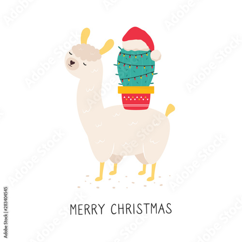 Christmas card with cute llama and cactus
