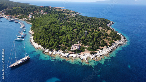 Aerial drone photo of picturesque and iconic port of Fiskardo with luxury boats docked and traditional character, Cefalonia island, Ionian, Greece