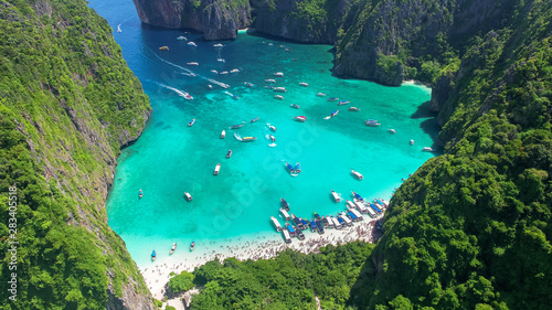  Aerial view of iconic tropical Maya Bay,Phi Phi islands, Thailand