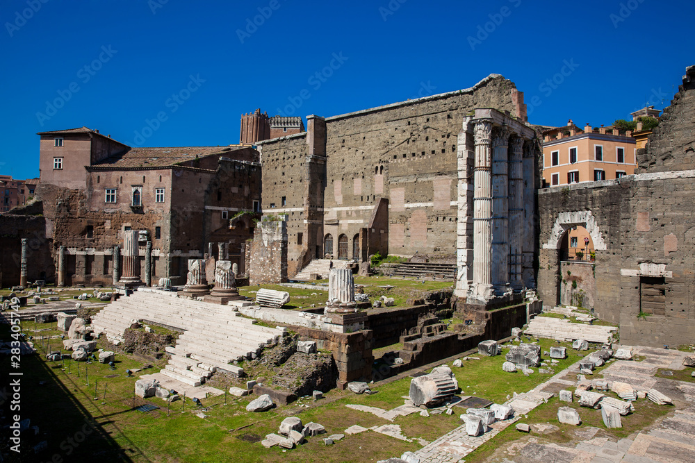 Ancient ruins of the Forum of Augustus with Temple of Mars the Avenger inaugurated in 2 BC