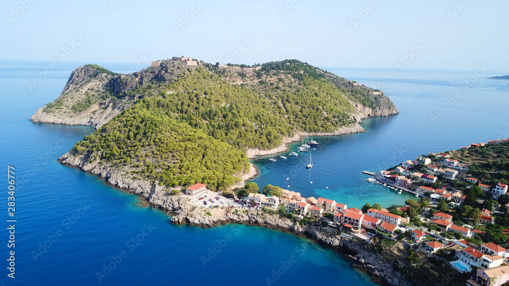 Aerial drone bird's eye view photo of beautiful and picturesque colorful traditional fishing village of Assos in island of Cefalonia, Ionian, Greece