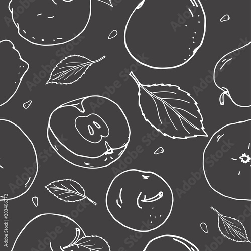 Seamless pattern with apples and leaves. White silhouettes on a dark background.