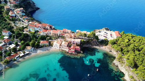 Aerial drone bird's eye view photo of beautiful and picturesque colorful traditional fishing village of Assos in island of Cefalonia, Ionian, Greece