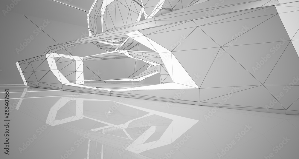 Fototapeta premium Abstract drawing white interior multilevel public space with window. 3D illustration and rendering.