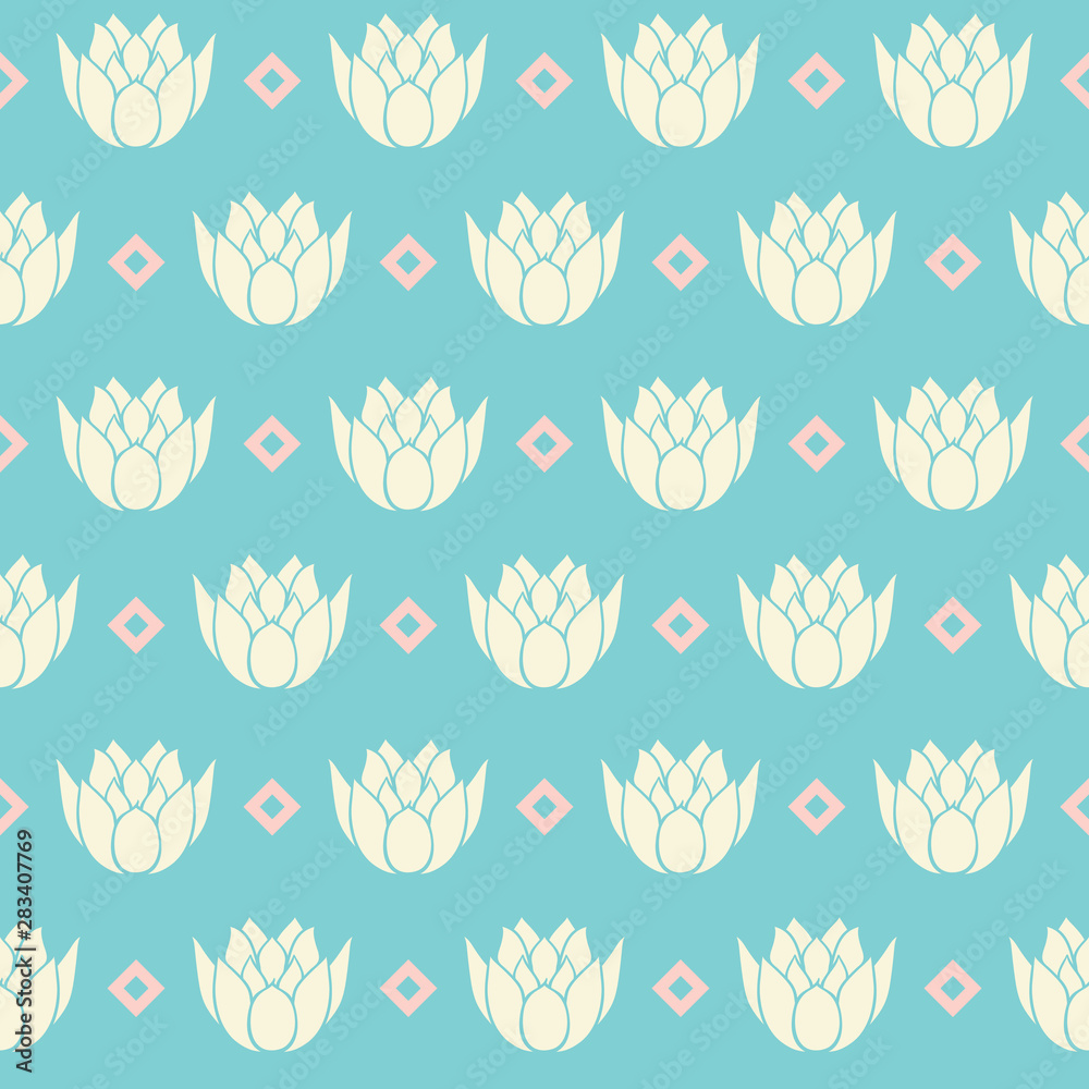 Vector Vintage Water Lilies in line with Rhombs seamless pattern background. Perfect for fabric, wallpaper and scrapbooking projects.