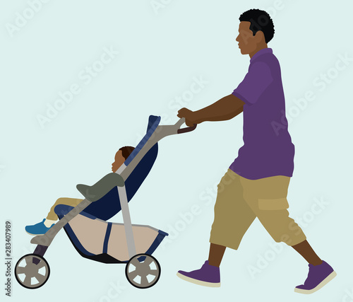 Black Father Pushing Baby in Stroller