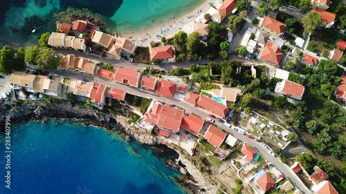 Aerial drone bird s eye view photo of beautiful and picturesque colorful traditional fishing village of Assos in island of Cefalonia  Ionian  Greece