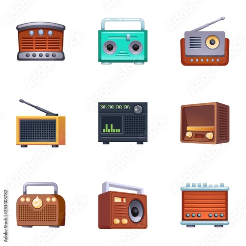 Vintage radio icons set. Cartoon set of vintage radio vector icons for web design
