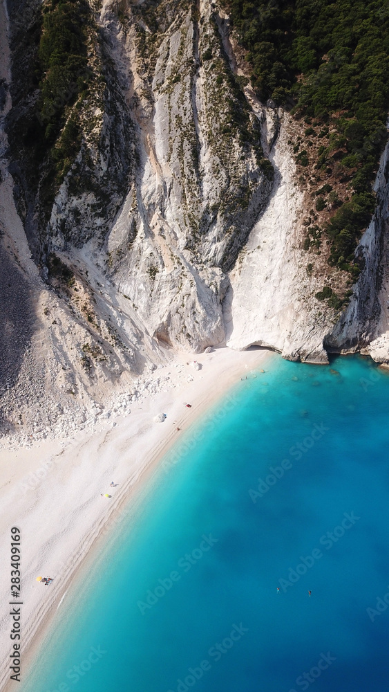 Naklejka premium Aerial drone photo of iconic turquoise and sapphire bay and beach of Myrtos, Cefalonia island, Ionian, Greece