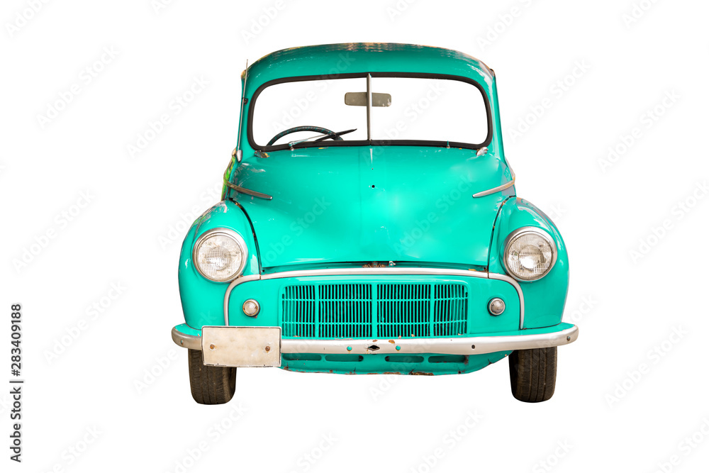 cyan retro car, isolated on white background with clipping path.