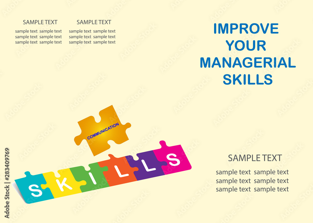 Improve your managerial communication skills template vector of 3d inscription SKILLS on puzzle pieces. 