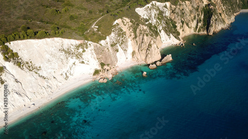 Aerial drone photo of iconic white rock cliffs and volcanic formations near famous beach of Platys and Makrys gialos with turquoise clear sea, Argostoli, Cefalonia island, Ionian, Greece