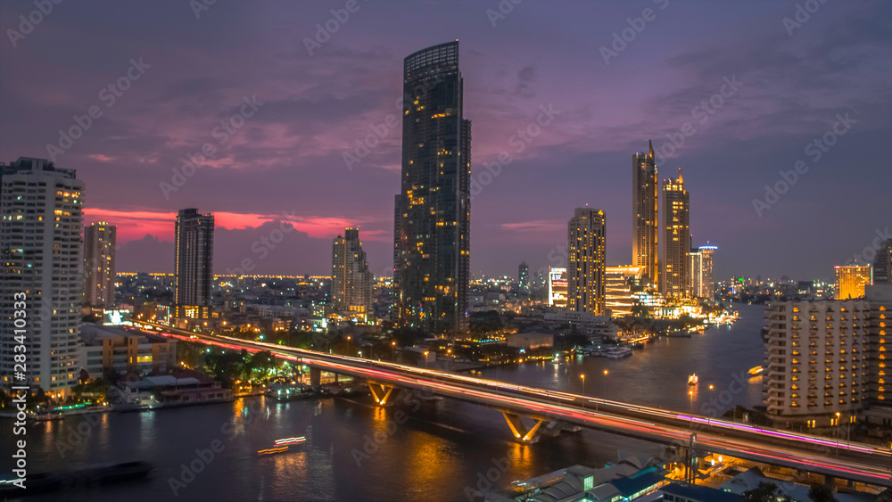 Obraz premium BANGKOK THAILAND - April 7 : aerial view of Taksin Bridge and Sathorn road in heart of Bangkok capital on April 7 , 2019 in Bangkok. Thailand