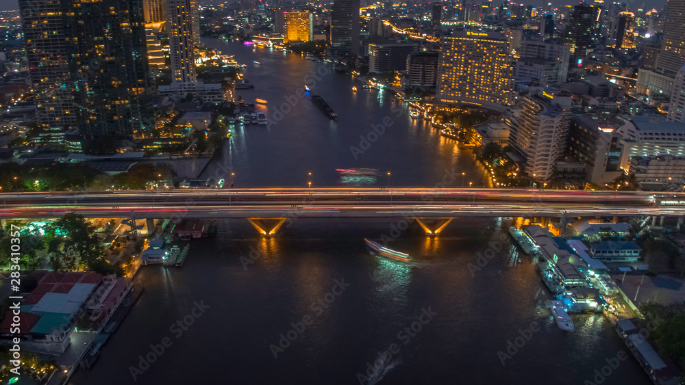BANGKOK THAILAND - April 7 : aerial view of Taksin Bridge and Sathorn road in heart of Bangkok capital on April 7 , 2019 in Bangkok. Thailand