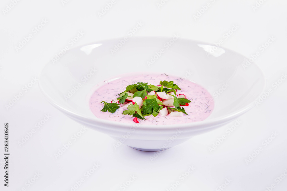 Cold borscht (chlodnik) - traditional Lithuanian cold soup with radish, parsley and dill Cold borscht (chlodnik) - traditional Lithuanian cold soup with radish, parsley and dill