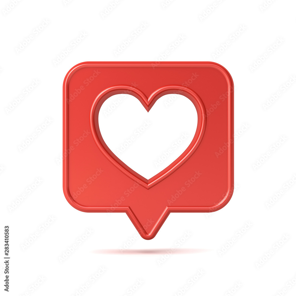 3d social media notification love like icon with hole heart shape on red speech bubble pin isolated on white background with shadow 3D rendering