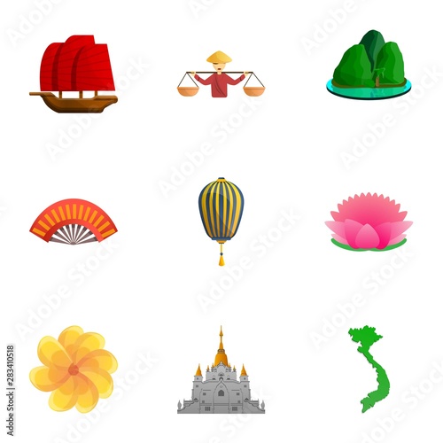 Vietnam landmark icon set. Cartoon set of 9 vietnam landmark vector icons for web design isolated on white background