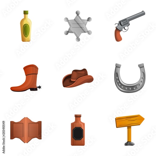 Saloon cowboy icon set. Cartoon set of 9 saloon cowboy vector icons for web design isolated on white background