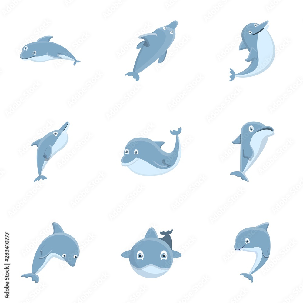 Happy dolphin icon set. Cartoon set of 9 happy dolphin vector icons for web design isolated on white background Happy dolphin icon set. Cartoon set of 9 happy dolphin vector icons for web design isolated on white background