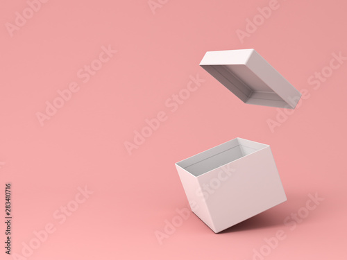 Blank white open cardboard box isolated on pink pastel color background with shadow 3D rendering