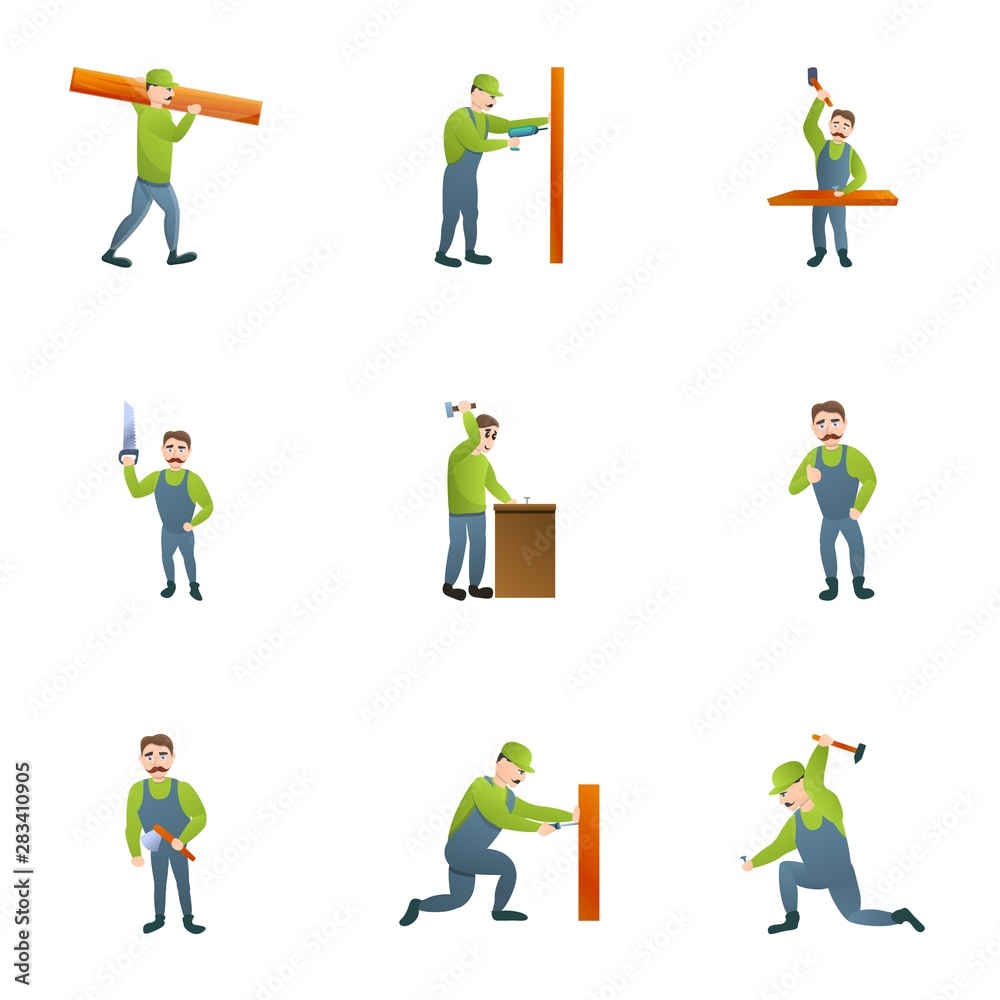 Wood carpenter icon set. Cartoon set of 9 wood carpenter vector icons for web design isolated on white background