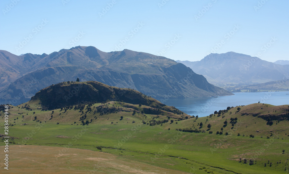 A view at the hills at the Lake Wanaka in New Zealand
