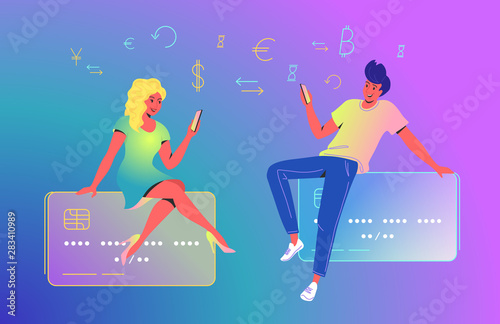 Couple using a new mobile app for online banking. Concept vector illustration of couple sitting on big credit card